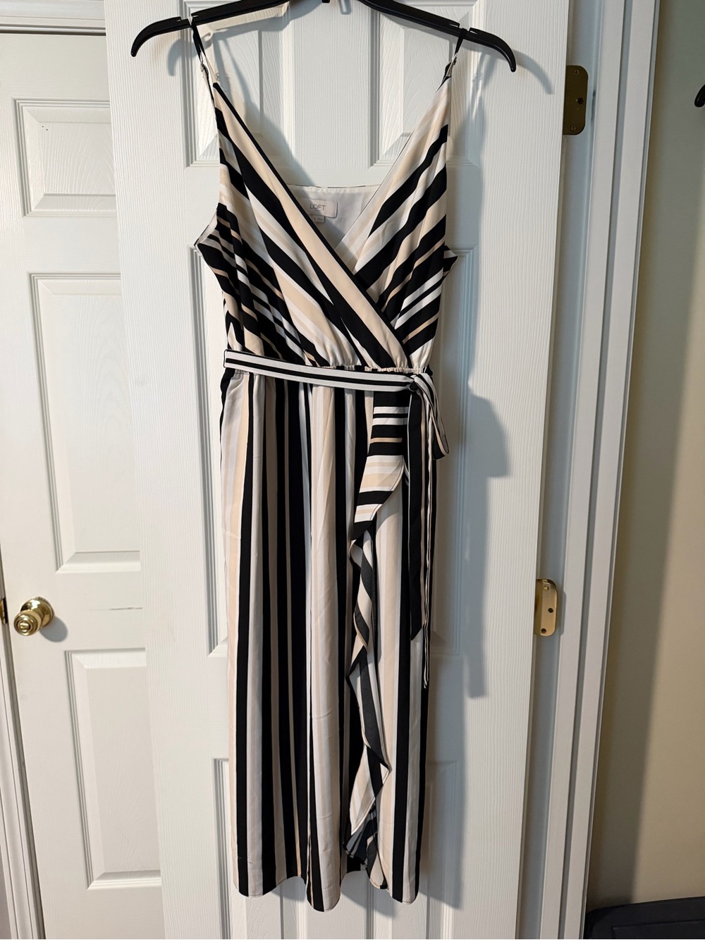 LOFT Black and Cream Striped Wrap Dress